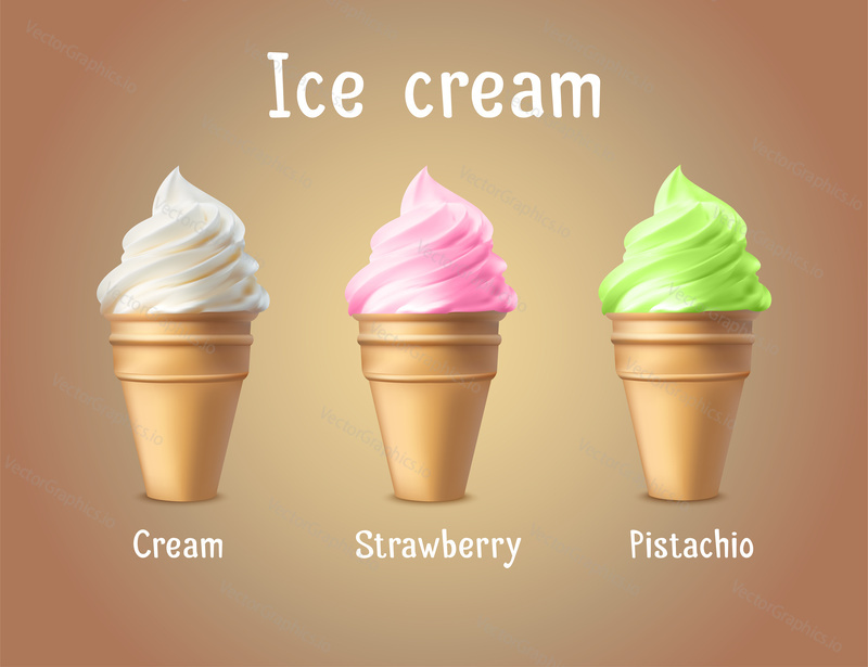 Ice Cream products ad. Vector 3d illustration. Ice cream cones template design. Brand advertisement poster layout.
