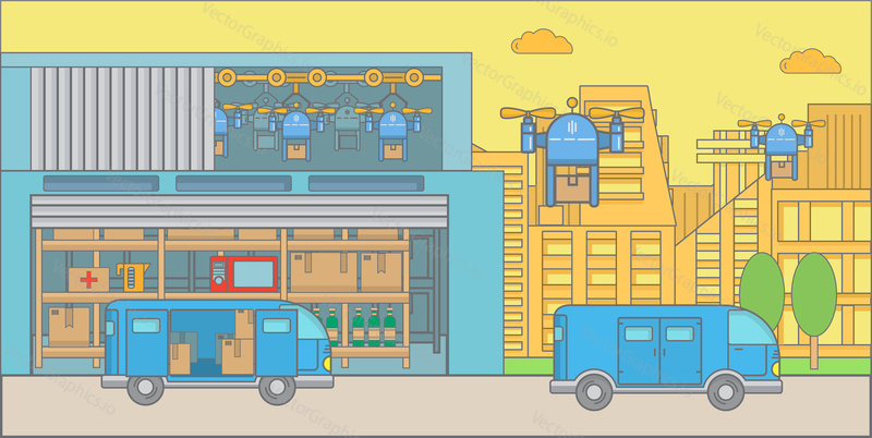 Drone delivery concept vector illustration for delivery business advertising. Quadcopters delivering parcels to customers flat style design elements.