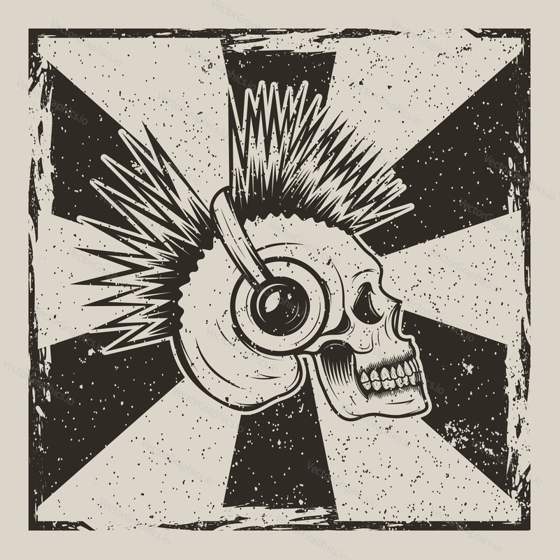 Vector illustration of human skull with iroquois listening to music using headphones. Skull music side view vintage grunge design for t-shirt or print.