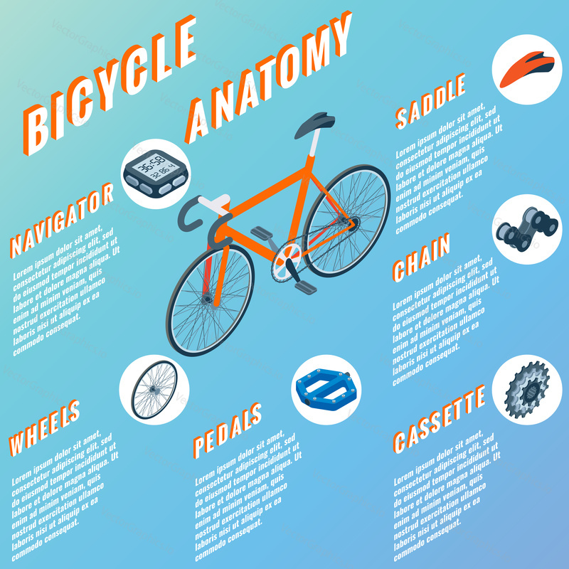Bicycle anatomy concept infographic. Vector set of bicycle parts isolated isometric icons. Bicycle objects and design elements. Bike repair gears.