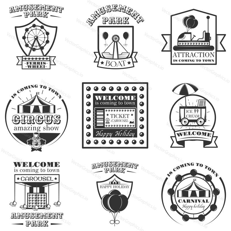 Vektorová sada značek amuesment park a designových prvků ve vintage stylu. Černobílé symboly zábavního parku, loga, bages a designové prvky. Atrakce, kolotoč, kolo, zmrzlinový vozík.