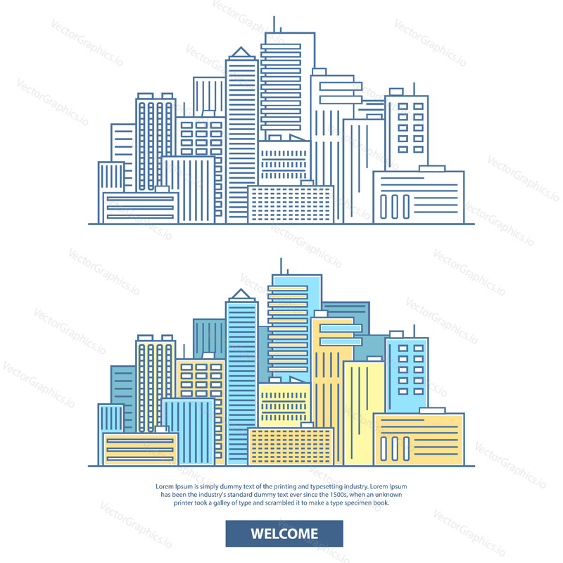 Město mrakodrapy vektorové horizontální banner. Cestovní plakát s městskými budovami, domy, Panoráma města a místo pro text. Plochý lineární styl designu.
