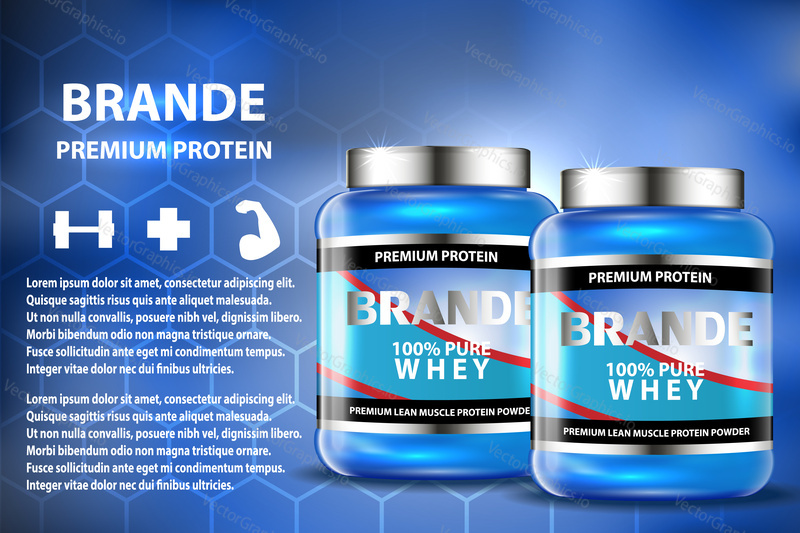 Sport nutrition product containers ad. Weight gainers set. Whey protein bottles. 3D vector product packaging. Jars of bodybuilding food supplements.