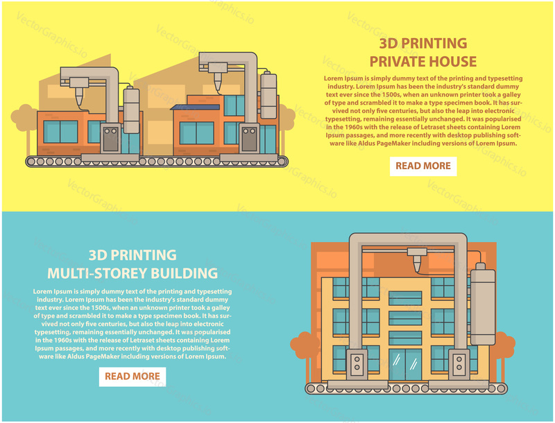 Konstrukce 3D tisk vektorové horizontální banner set. 3D tisk soukromého domu a vícepodlažní budovy ploché lineární styl designové prvky, webové šablony.