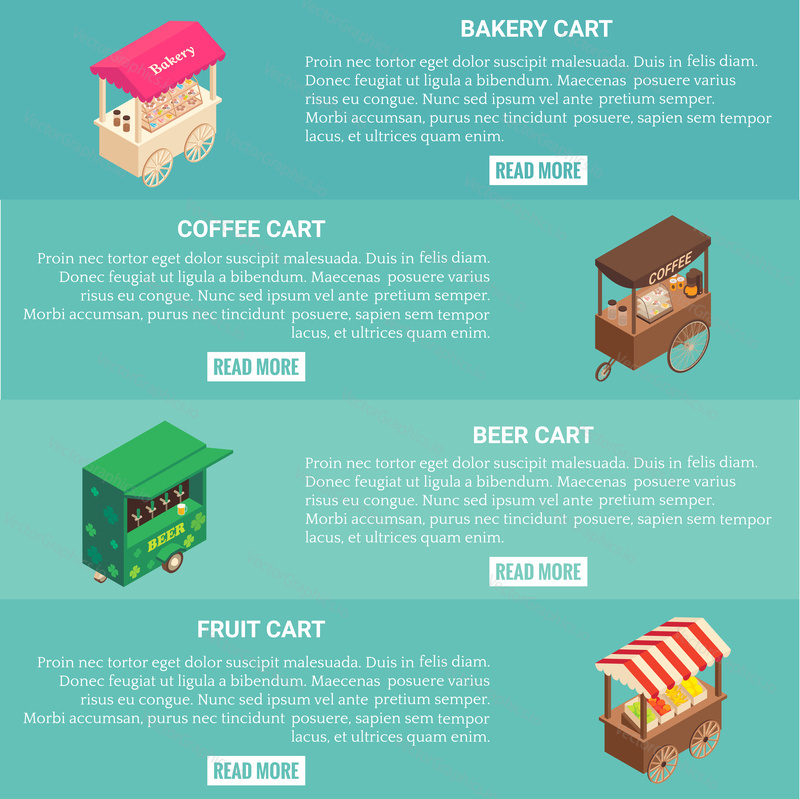 Vector set of fast food cart horizontal banners. Bakery, coffee, beer and fruit cart isometric icons, place for text.