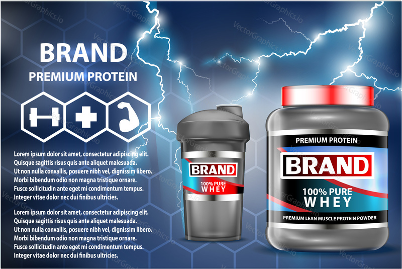 Sport nutrition product containers ad. Weight gainers set. Whey protein bottles. 3D vector product packaging. Jars of bodybuilding food supplements.