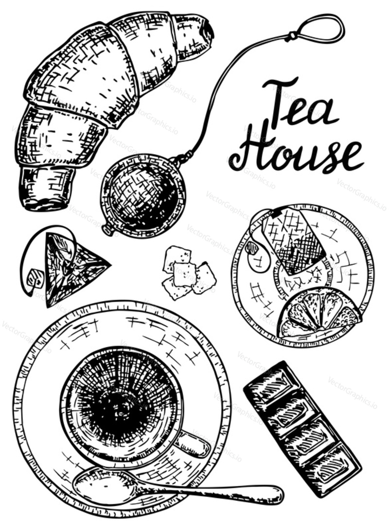 Vector ink hand drawn style tea house set with tea cup, saucer and spoon, tea bag, strainer, lemon, croissant, sugar, chocolate. Tea time concept vintage top view illustration.