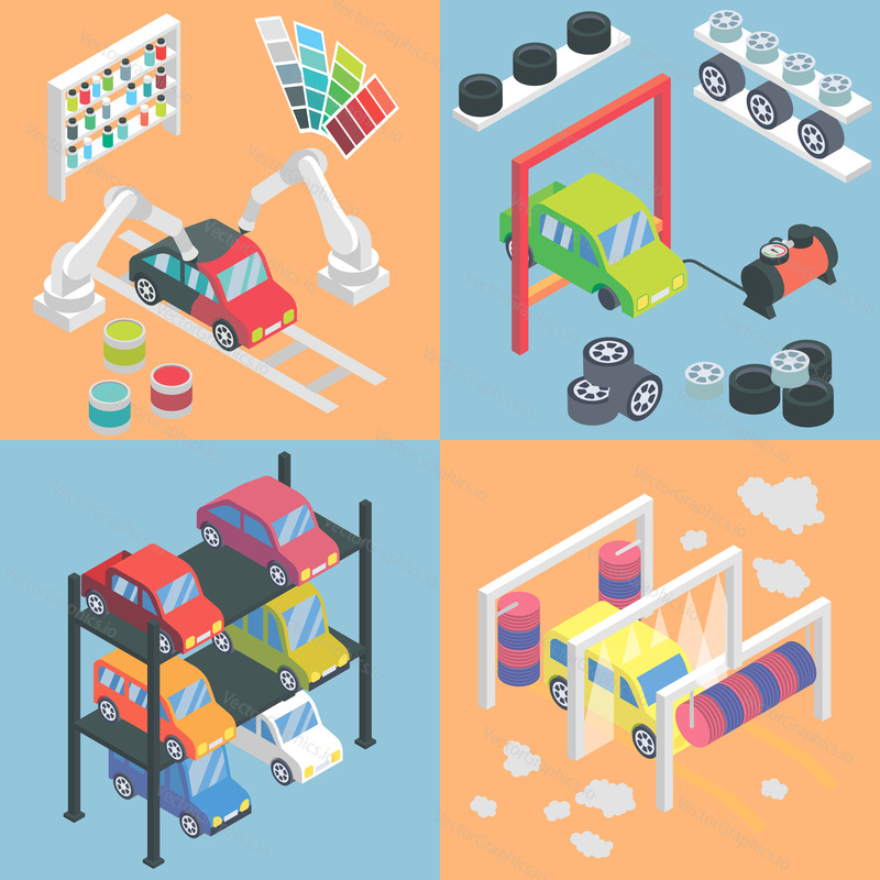 Car service center isometric icons. Vector flat 3d design elements. Auto painting, collision repair, multi level parking, car wash, change tyres, Car mechanic garage.