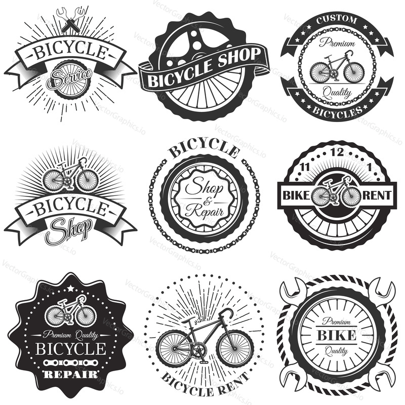 Vector set of bicycle repair shop labels and design elements in vintage black and white style. Bike logo, symbols, emblems.