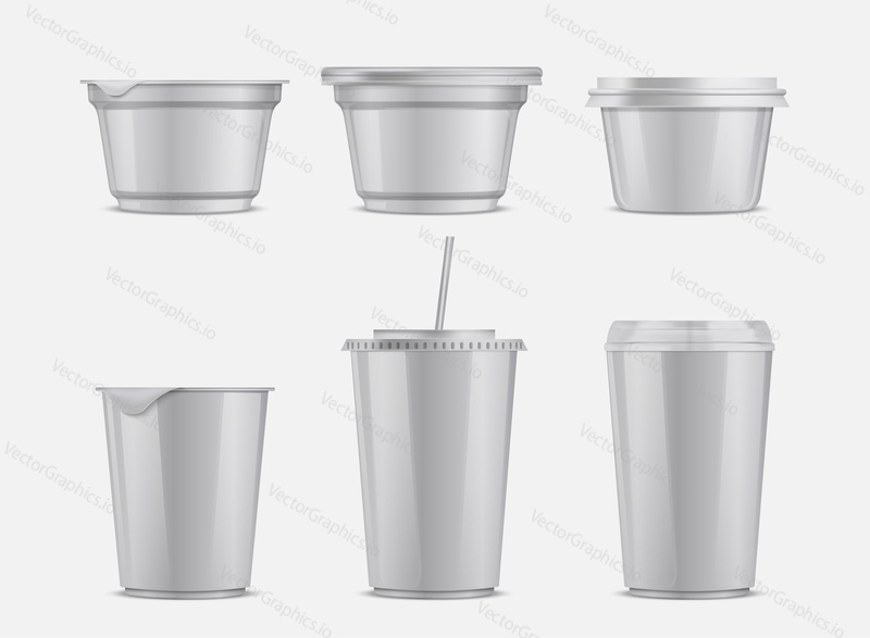 Vector food and drink plastic container set. White blank plastic cup for dessert, yogurt, icecream, sour cream, soft drink realistic templates.