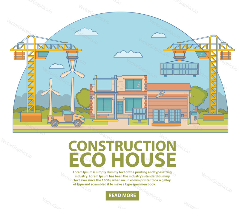 Construction eco house concept vector illustration with modern eco building and wind turbines. Ecological concept thin linear flat style design element for web banners and printed materials.
