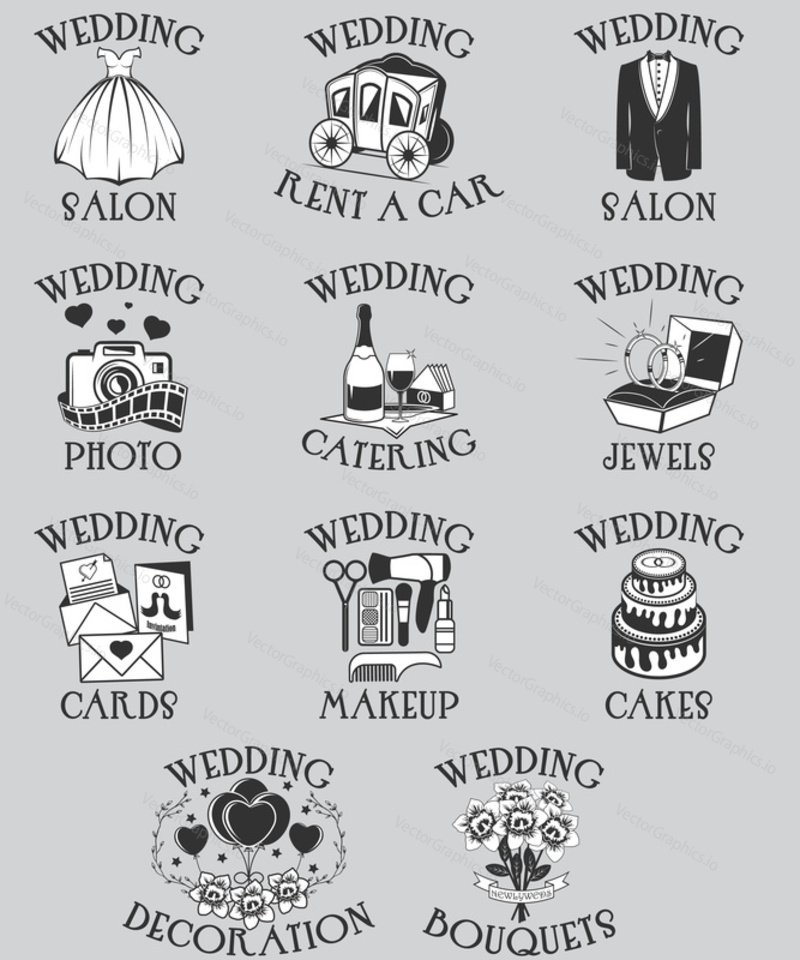 Vector set of wedding pictograms. Black outline marriage celebration symbols and isolated icons for web site design and mobile apps. Black and white.