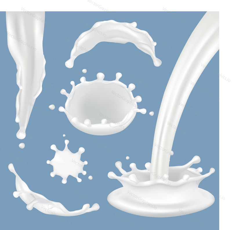 Vector set of milk splashes, drops and blots. Realistic white splash crown, splashing droplets, flowing liquid milk.