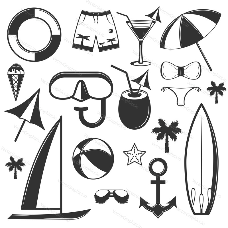 Vector set of summer season objects in vintage style. Design elements, icons isolated on white background. Summer camp, beach holidays, tropical sea vacations. - stock vector