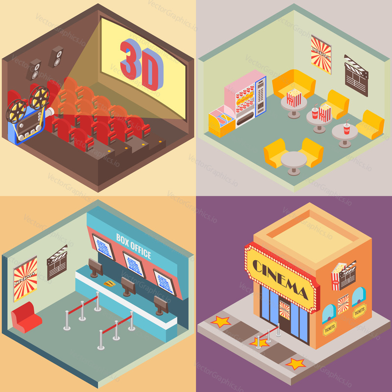 Movie theater building in isometric style design. Vector flat 3d icons. Interior of cinema, cafe, ticket office.