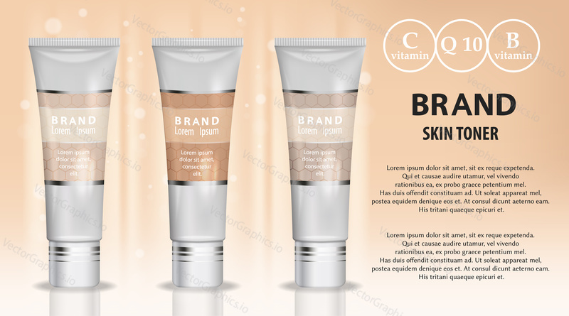 Skin toner cosmetic products ad. Vector 3d illustration. Skin cream bottle template design. Face and body make up tone cream.