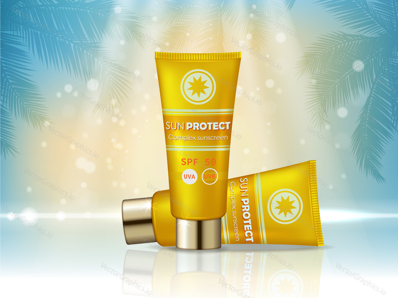 Sunblock cosmetic products ad. Vector 3d illustration. Sunblock cream bottle template, sun protection cosmetic products design. Sunscreen face and body lotion with SPF and UV protection.