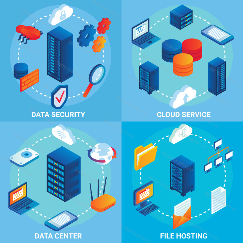 Data center concept vector isometric poster set with cloud services, data security and file hosting design elements.