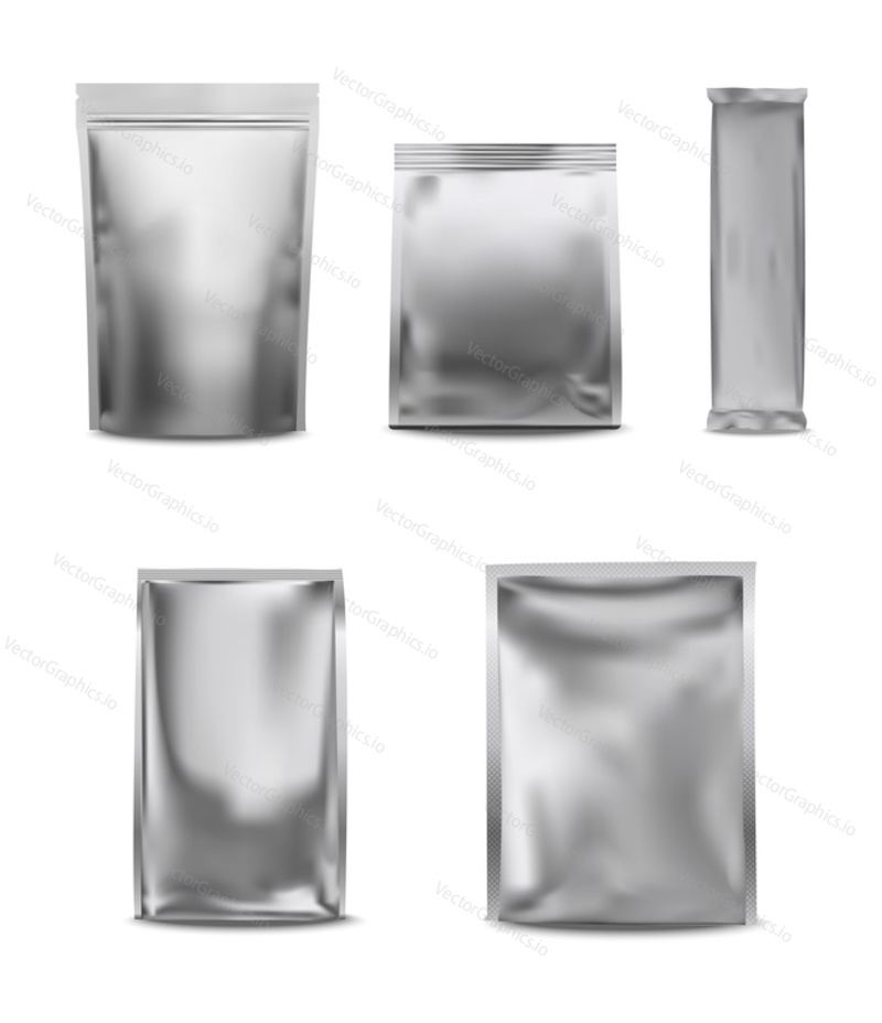 Vector white blank foil pack set. Plastic bag templates mockups.