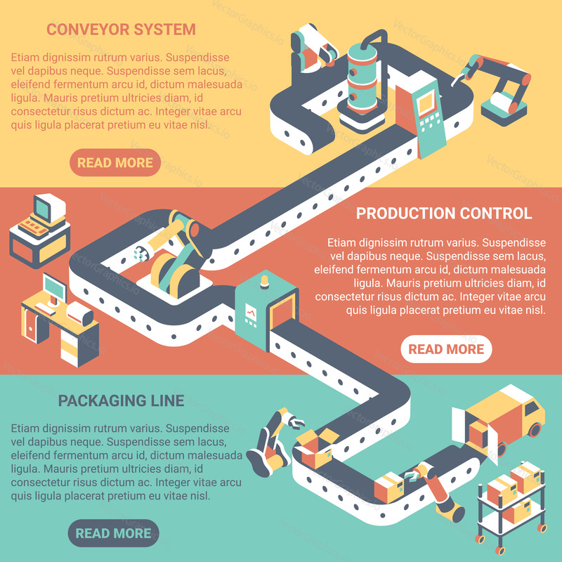 Conveyor vector flat isometric horizontal banner set. Conveyor system, Production control, Packaging line concept design elements for web and printed materials.