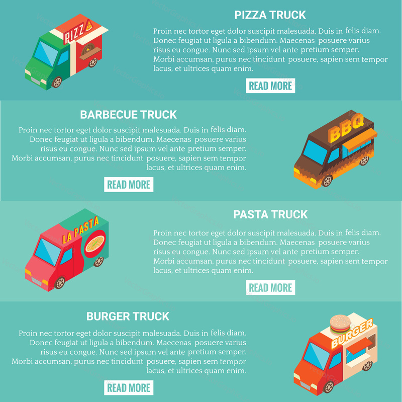 Vektorové sada Fast food truck horizontální bannery. Pizza, grilování, těstoviny a burger truck izometrické ikony, místo pro text.