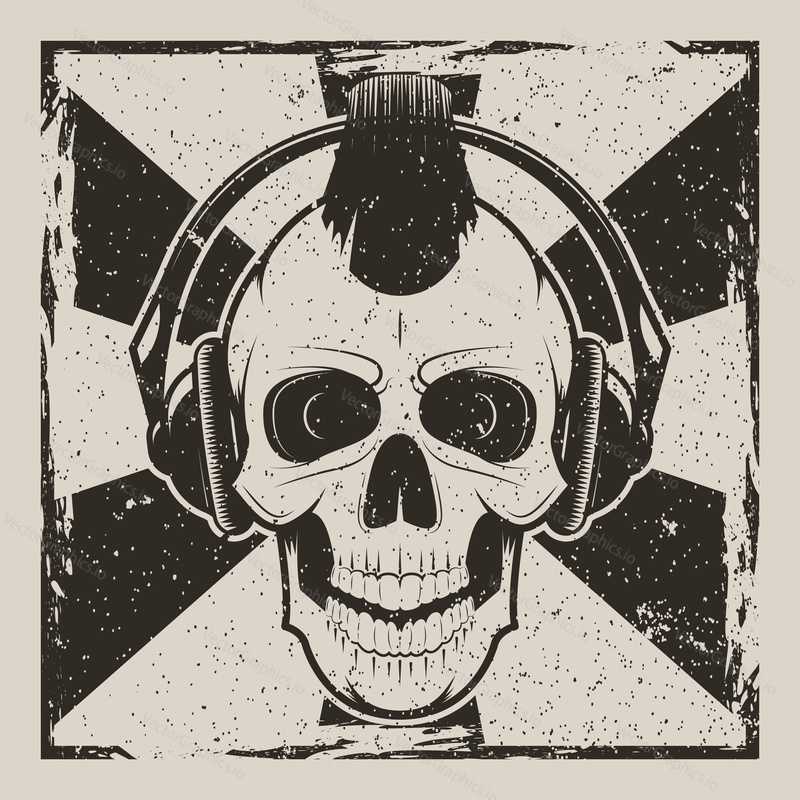 Vector illustration of human skull with mohawk listening to music using headphones. Skull music punk vintage grunge design for t-shirt or print.