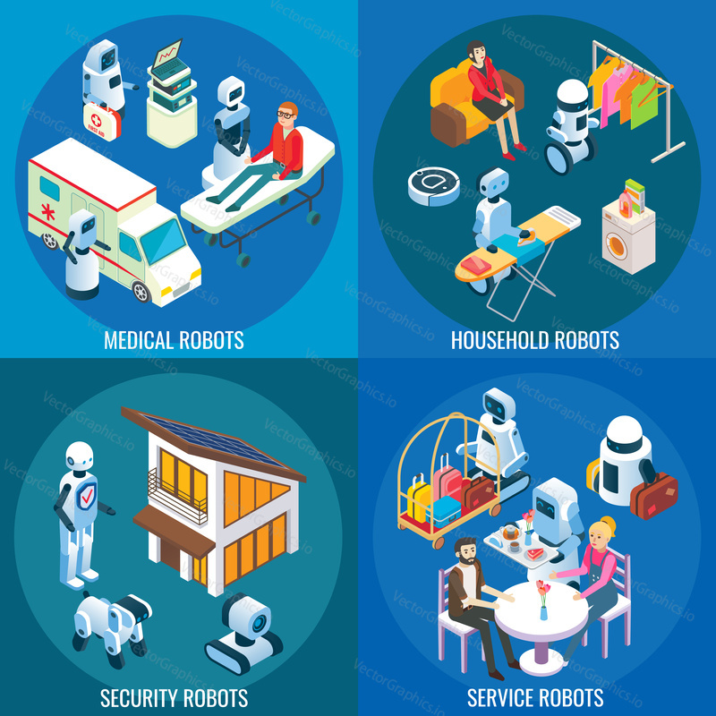 Векторные изометрические плакаты для домашних и сервисных роботов, набор шаблонов баннеров. Элементы дизайна роботов для медицинского, бытового, охранного, гостиничного и ресторанного обслуживания.