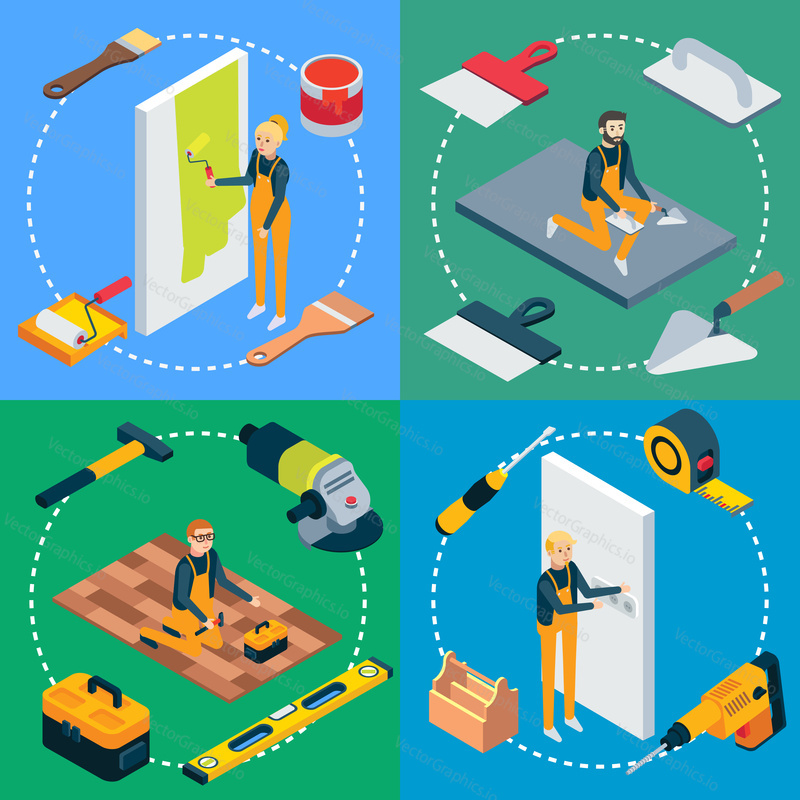 Vector flat isometric renovation poster, banner template set. Painting walls, preparing foundation, installing laminate and electric sockets using home repair tools concept design elements, icons.