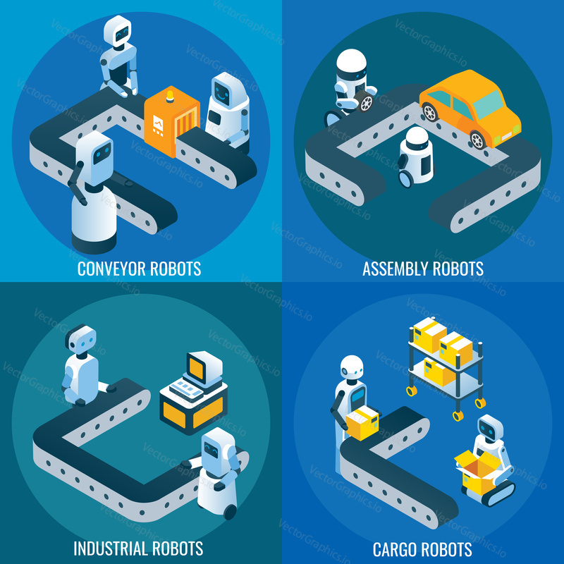 Automation and robotics vector isometric poster, banner template set. Conveyor, assembly, industrial and cargo robots design elements.
