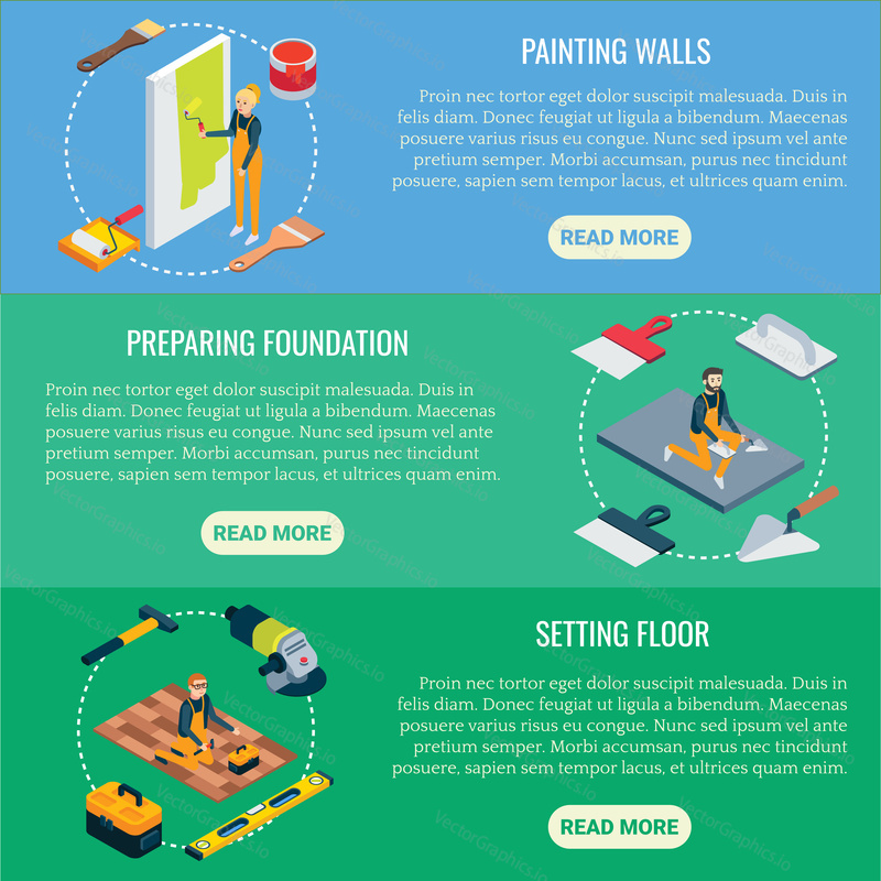 Vector flat isometric renovation horizontal banner set. Painting walls, Preparing foundation and Setting floor concept design elements.