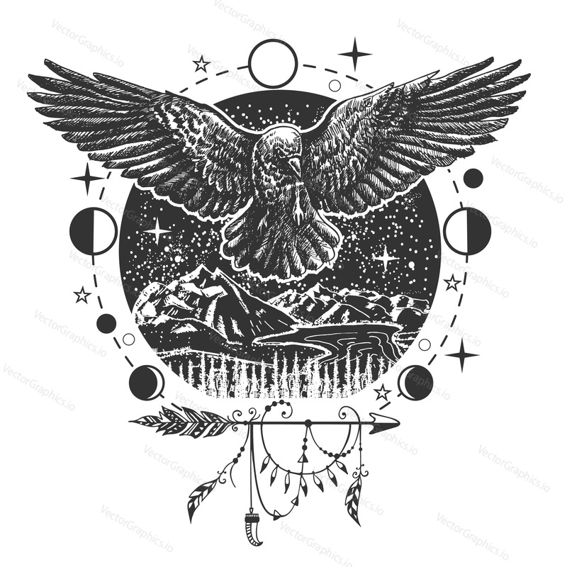 Vektorové raven bird tetování nebo tričko tisk design. Načrtněte černého havrana s roztaženými křídly v kombinaci s přírodou, fázemi měsíce a boho prvky.