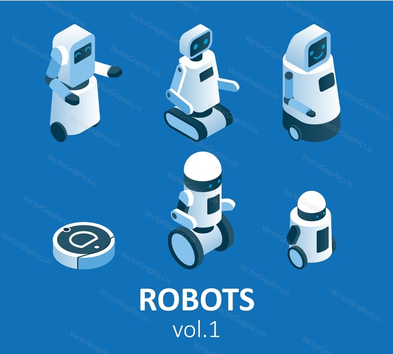 Izometrická sada ikon moderní robotiky. Vektorové izolované ilustrace. Domácí, servisní, průmyslové a bezpečnostní roboty.