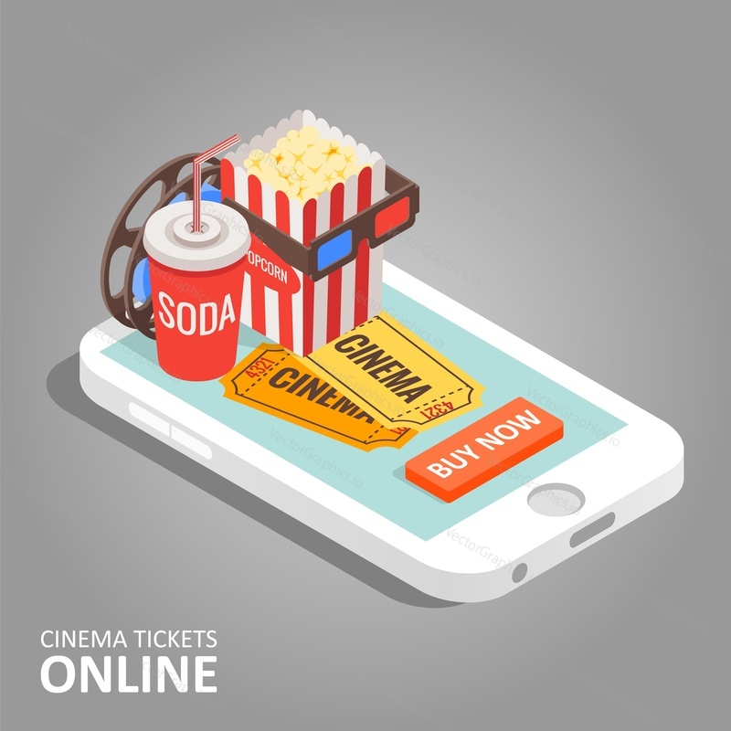 Rezervace vstupenek do kina online koncept vektorové izometrické ilustrace. Kino symboly klapka, popcorn, 3D brýle, soda, vstupenky, koupit tlačítko umístěné na obrazovce smartphonu.