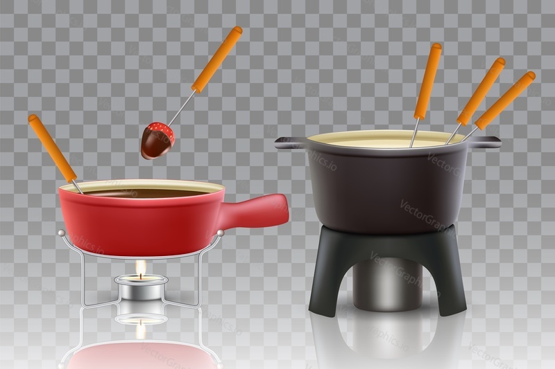 Sada ikon sýrového a čokoládového fondue. Vektorové realistické ilustrace fondue hrnce fondue tvůrci izolovaných na průhledném pozadí.