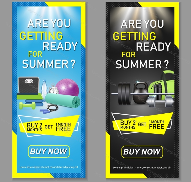 Vektorové fitness vertikální banner set. Speciální nabídky členství v tělocvičně, bezplatné vstupenky a přístup k nejlepšímu vybavení a lekcím tělocvičny.