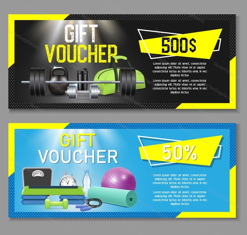 Fitness dárkový poukaz šablona set. Vektorové ilustrace. Dárkový poukaz, slevový kupón, maketa voucheru do posilovny, fitness centra nebo klubu zdraví.