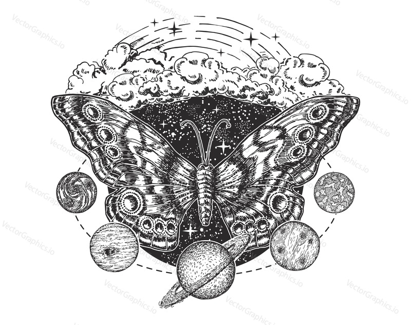 Butterfly tetování nebo tričko tisk design. Vektor skica motýl v kombinaci s noční oblohou, mraky, planety.