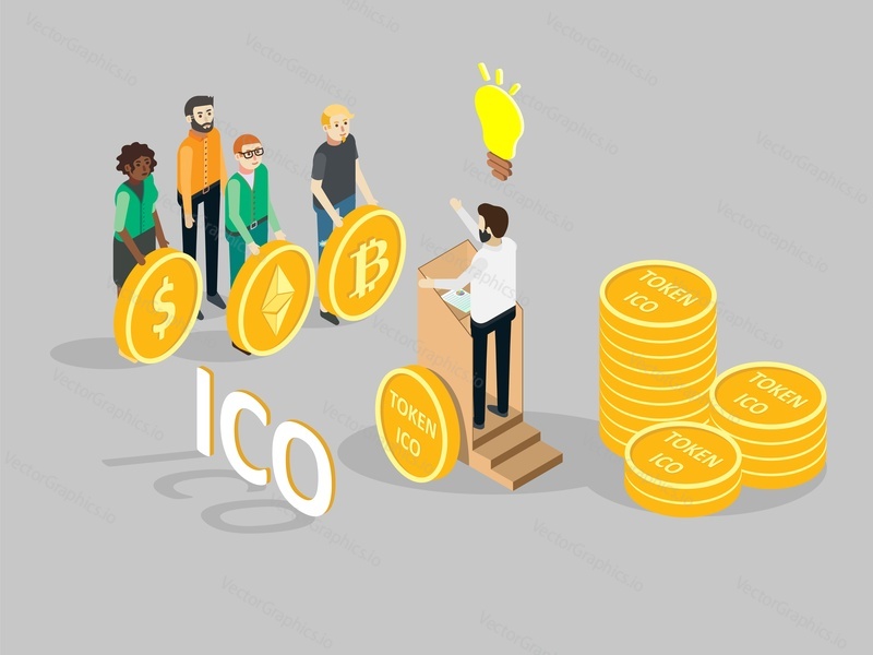 Векторная изометрическая иллюстрация концепции ICO. Бизнесмен с лампочкой проводит презентацию нового криптовалютного проекта группе инвесторов, владеющих монетами доллара, биткоина, эфириума.