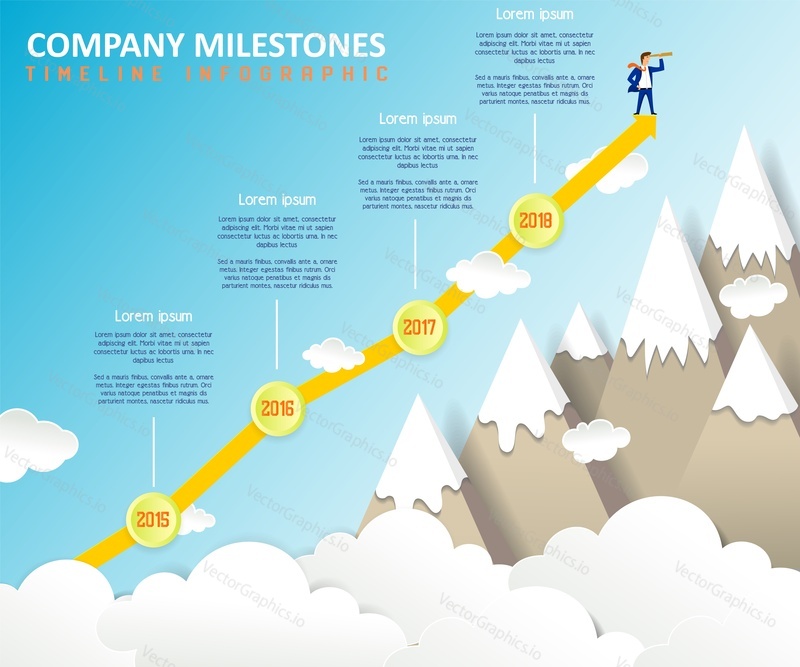 Company milestones vector timeline infographic. Company event timeline template with paper cut mountain rock and cloud landscape.