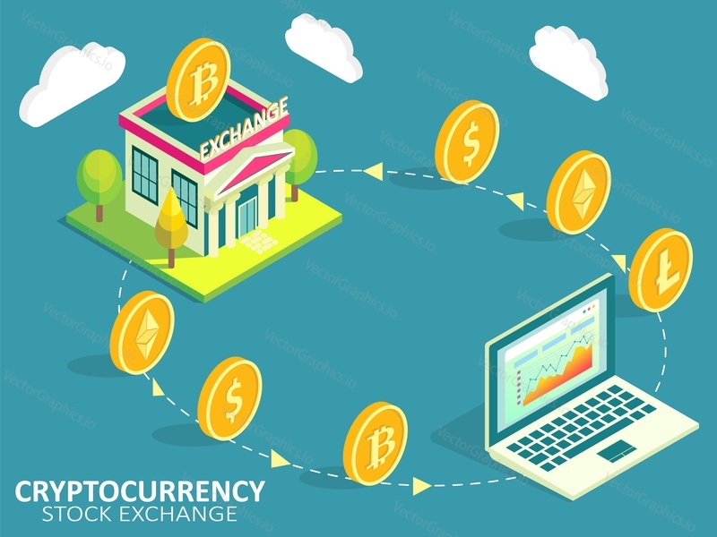 Инфографика процесса обмена криптовалютами. Векторная изометрическая иллюстрация. Покупка, продажа или обмен криптовалют на другую цифровую валюту или концепцию фиатных денег.