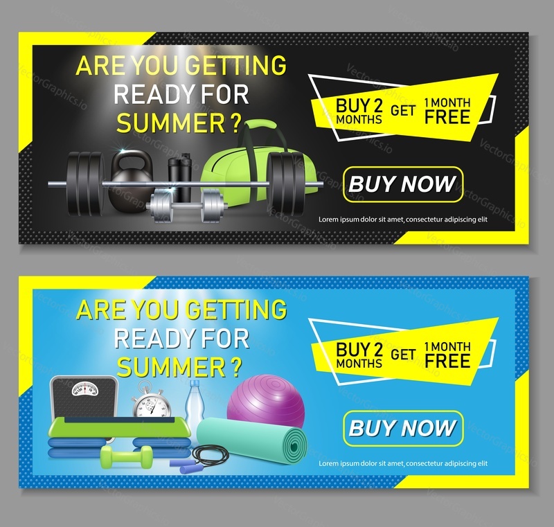 Vektorové fitness horizontální banner set. Speciální nabídky členství v tělocvičně, bezplatné vstupenky a přístup k nejlepšímu vybavení a lekcím tělocvičny.