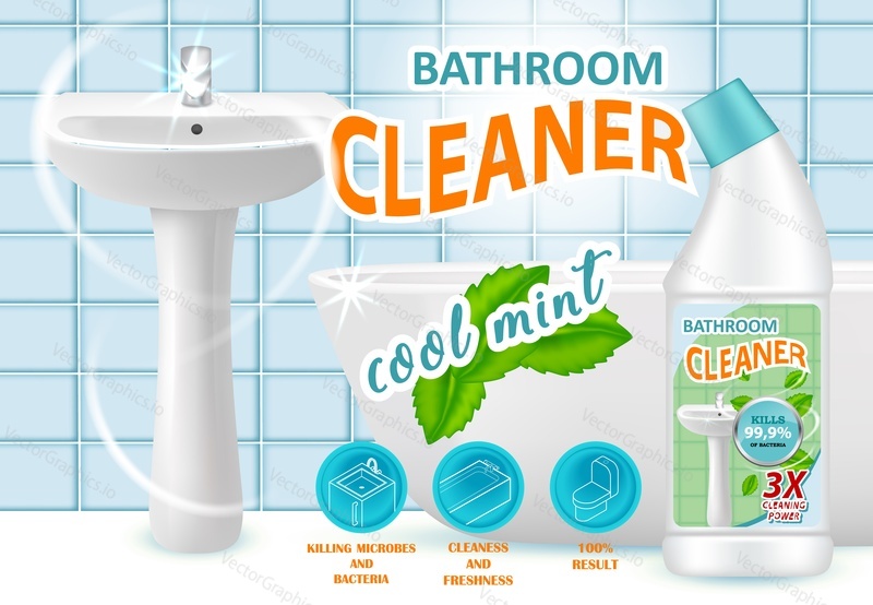 Шаблон дизайна рекламы средства для чистки ванной комнаты Cool mint. Векторная реалистичная иллюстрация. Рекламный плакат бренда жидкого чистящего средства, убивающего бактерии.