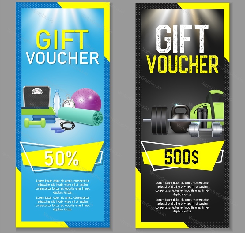 Fitness dárkový poukaz šablona set. Vektorové ilustrace. Dárkový poukaz, slevový kupón, maketa voucheru do posilovny, fitness klubu nebo centra. Fitness business promo nabídka karet.