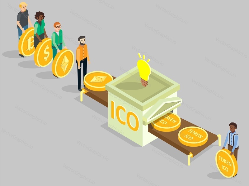 Векторная изометрическая иллюстрация концепции ICO. Многонациональная группа людей с монетами в долларах, биткоинах, эфириуме покупает токены ico, делая инвестиции в новый криптовалютный проект.