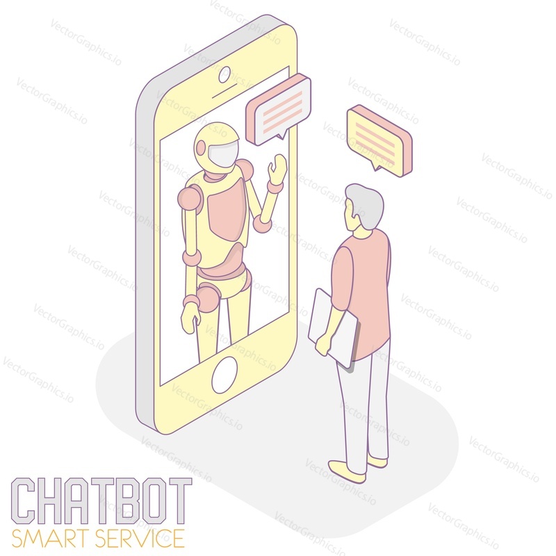 Chatbot zákaznický servis robot koncept vektor izometrické ilustrace. Muž chatování s chat bot připraven, aby mu pomohl při používání smartphonu.