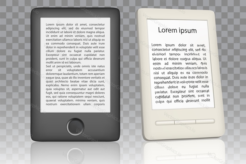 Bílá a Černá maketa čtečky elektronických knih. Vektorové realistické ilustrace izolované na průhledném pozadí. E-reader přenosné elektronické zařízení design šablony.