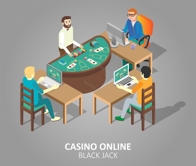 Kasino Online blackjack hra koncept. Vektorové izometrické ilustrace lidí, kteří hrají kasinové hry u virtuálního stolu blackjack při používání stolního počítače a notebooku.