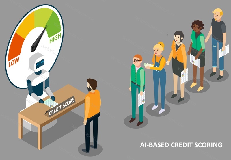 Artificial intelligence credit scoring concept. Vector isometric illustration of ai robot machine with credit scoring meter and people waiting in queue for machine learning of their creditworthness.