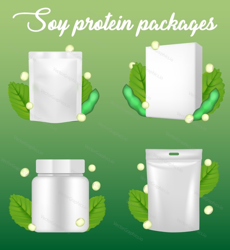 Přírodní čistý veganský doplněk organický sójový proteinový balíček maketa sada. Vektorové realistické ilustrace. Bílá prázdná kartonová krabice, plastová nádoba, doypack, stojan na flexibilní sáček sáček s závěsným otvorem.