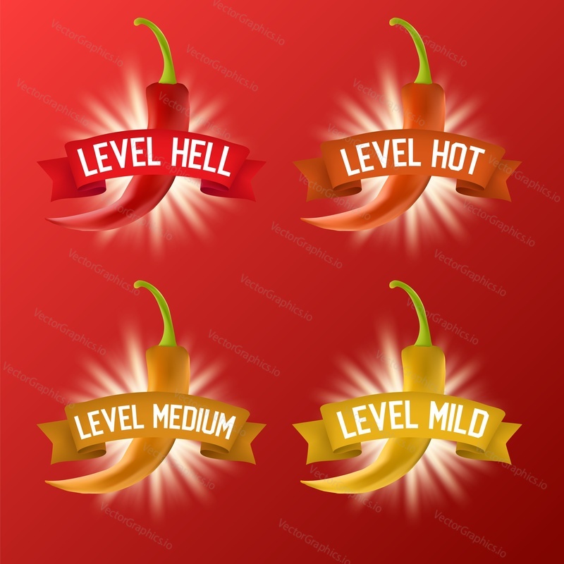 Red hot chili pepper heat scale. Vektorové realistické ilustrace. Mírné, střední, horké a pekelné úrovně.